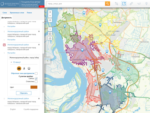 Изохроны в PRO версии геопортала Rumap