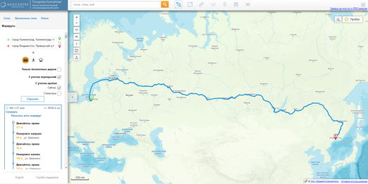 построение маршрута Калининград-Москва на геопортале Rumap